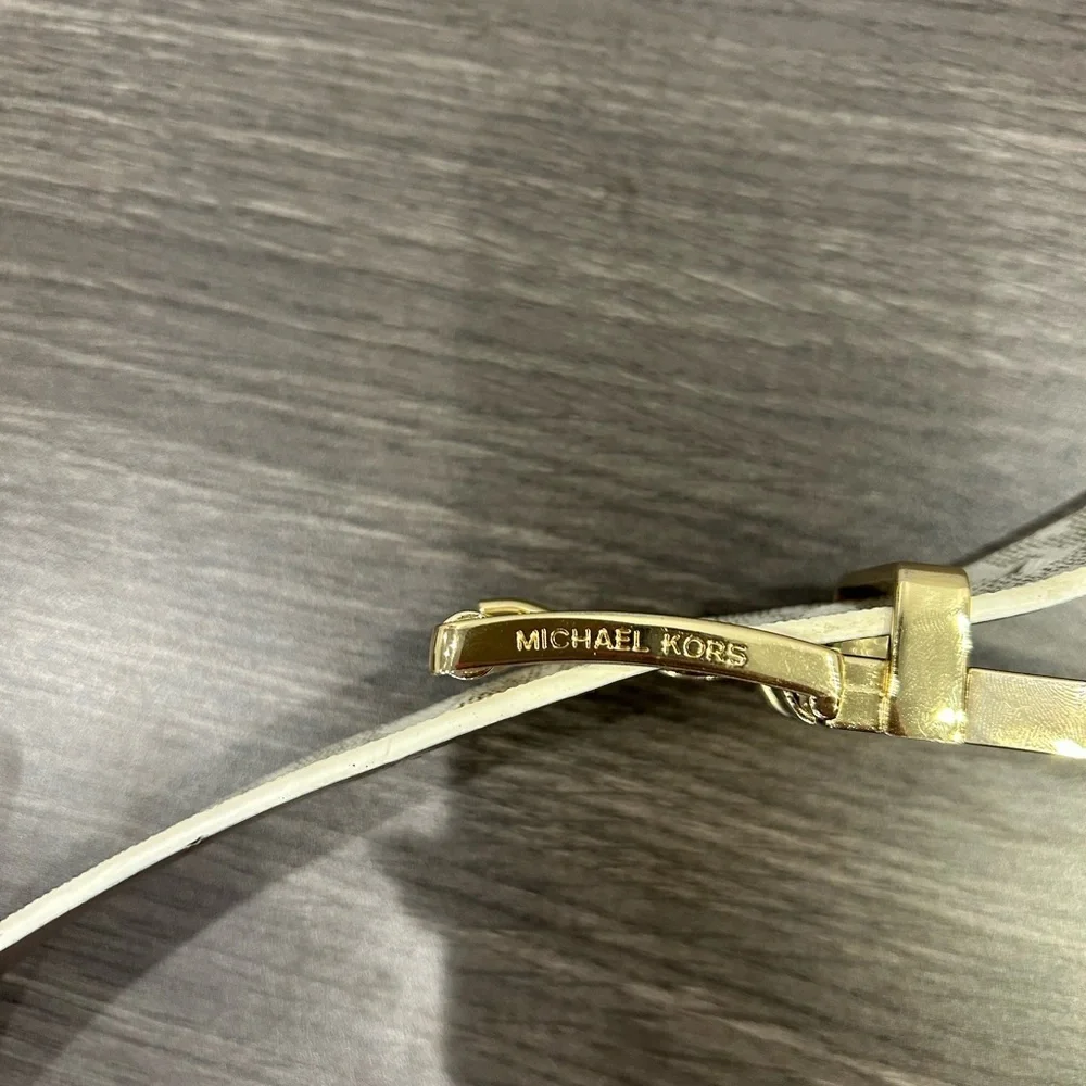 Michael Kors White and Brown Monogram Leather Gold Buckle Belt